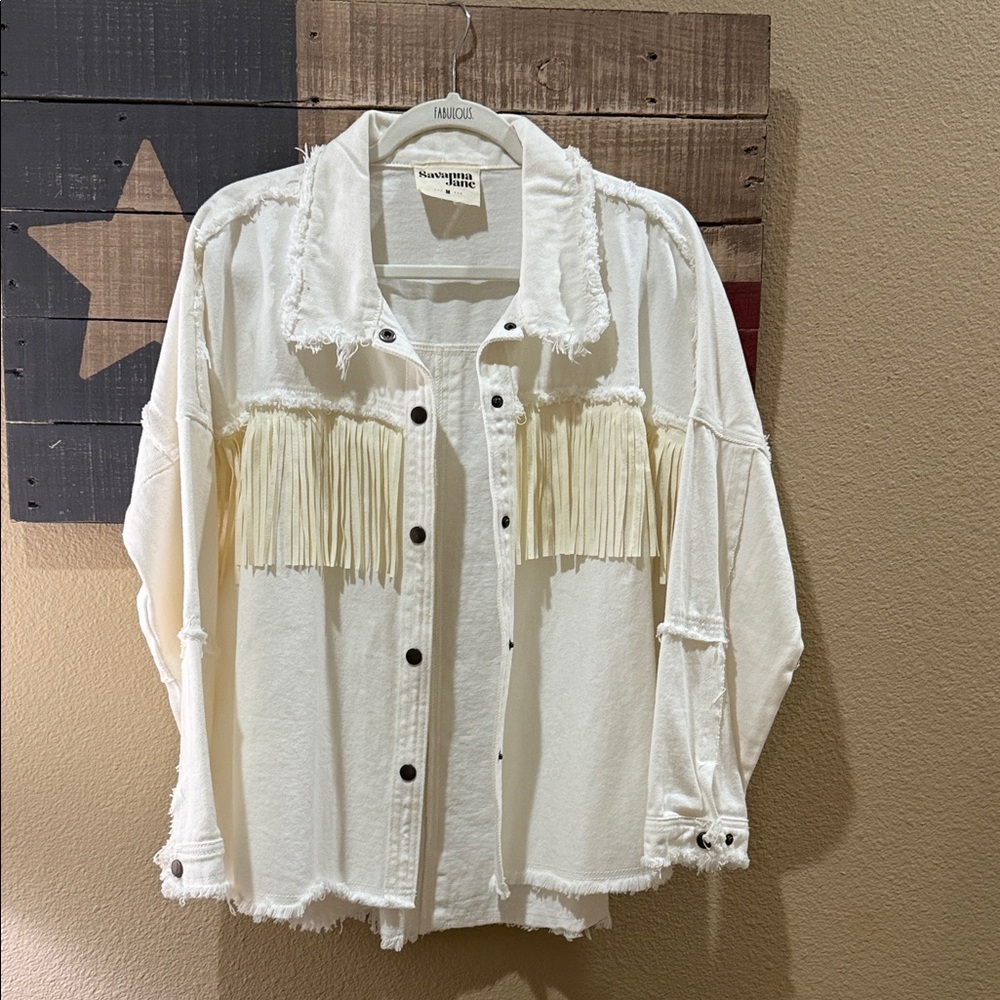 Savanna Jane Off White Denim Fringe Shacket